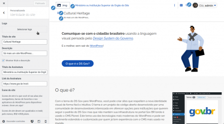 Captura de Tela mostrando elementos de configuração do Cabeçalho de um site usando o Tema Gov BR