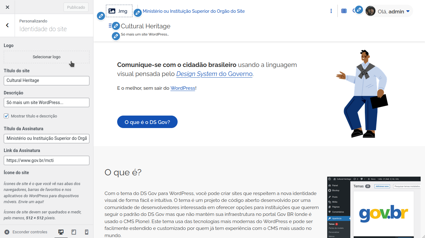 Captura de Tela mostrando elementos de configuração do Cabeçalho de um site usando o Tema Gov BR